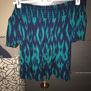 Blue and green off the shoulder shirt